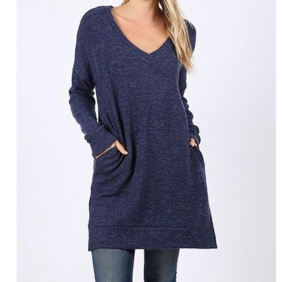 Boutique Tops - 🆕 Soft Brushed Melange Indigo V Neck Pocket Tunic